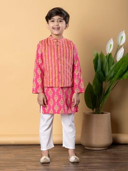 Readiprint - Boys Cotton Fabric Pink Kurta and Pant with Nehru Jacket (Set of 3)