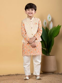 Readiprint - Boys Cotton Fabric Peach Kurta and Pant with Nehru Jacket (Set of 3)
