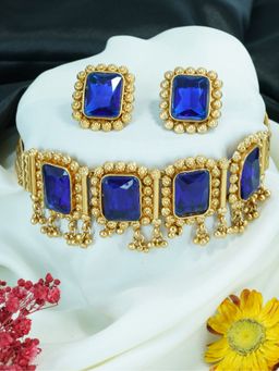 GRIIHAM - Gold Finish Choker Square Pattern Necklace Set Blue