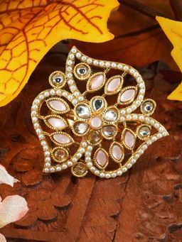 GRIIHAM - Antique Gold-Plated Stone-Studded Pearl Beaded Adjustable Finger Ring