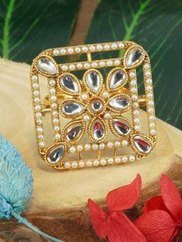 GRIIHAM - Gold-Plated Kundan Stone-Studded Pearl Beaded Antique Designer Adjustable Finger Ring