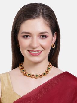 GRIIHAM - Gold-Plated Green Red Stone-Studded Jewellery Set