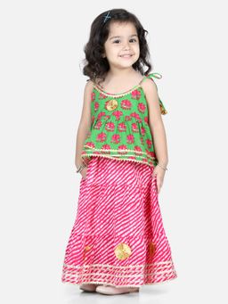 BownBee - Girls Hathi Print Pure Cotton Top Leheriya Lehenga for Girls-Green (Set of 2) (4-5 Years)