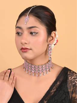 Ratnavali Jewels - Silver Plated Pink American Diamond Cz Choker Wedding Jewellery Set