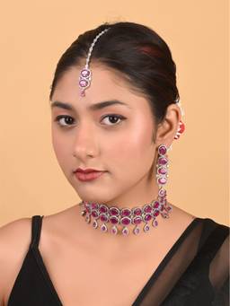 Ratnavali Jewels - Silver Plated Red American Diamond Cz Choker Wedding Jewellery Set