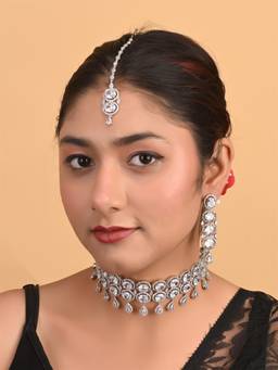 Ratnavali Jewels - Silver Plated White American Diamond Cz Choker Wedding Jewellery Set
