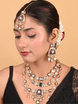 Ratnavali Jewels - Antique Plated Kundan Cz Diamond Long Haar Wedding Jewellery Set