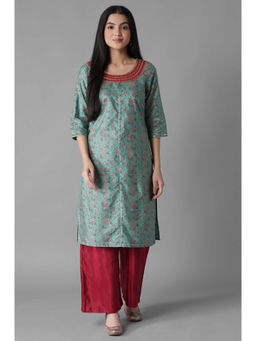 Aurelia - Green Embroidered Mughal Print Straight Kurta Palazzo (Set of 2)