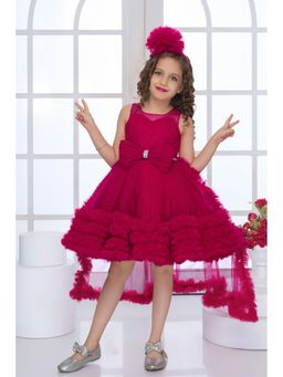 Lagorii - Pink High-Low Tulle Party Dress Tailback with Oversized Bow