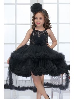 Lagorii - Black Sequin High-Low Layered Party Dress Tailback with Bow