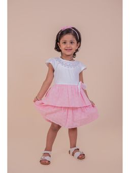 Snuggly Monkey - White Pink Chikan Fabric Embroidered Dress with applique