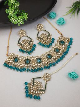 I Jewels - Gold Plated Teal Traditional Kundan Pearl Choker Necklace Jewellery Set K7274Pg