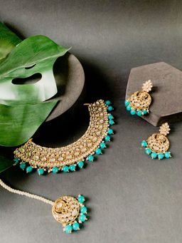 I Jewels - Gold Plated Turquoise Traditional Kundan Pearl Choker Necklace Jewellery Set K7277Pg