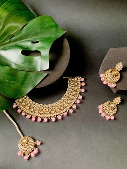 I Jewels - Gold Plated Pink Traditional Kundan Pearl Choker Necklace Jewellery Set K7277Pi