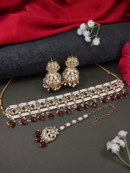 I Jewels - Gold Plated Multi Layer Statement Maroon Choker Necklace Jewellery Set K7279M