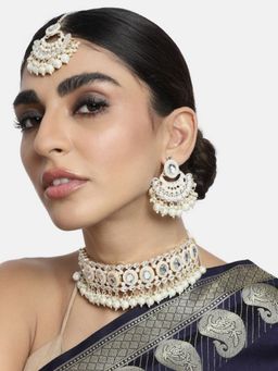 I Jewels - Gold Plated White Traditional Mirror Choker Necklace Jewellery Set K7228W