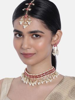 I Jewels - Gold Plated Traditional Pink Stone Pearl Choker Necklace Set K7211Q