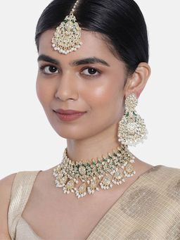 I Jewels - Gold Plated Traditional Green Kundan and Pearl Choker Necklace Jewellery Set K7212G