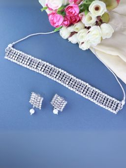 I Jewels - Silver Plated Traditional White Pearl Choker Necklace Jewellery Set K7209S