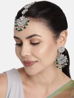 I Jewels - Rhodium Plated Traditional Kundan & Pearl Earrings with Maang Tikka (Te2911Zg)