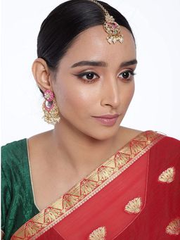 I Jewels - Gold Plated Traditional Kundan Pearl with Meena Work Earrings with Maang Tikka (Te291Pi)