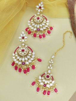 I Jewels - Gold Plated Traditional Kundan & Pearl Earrings with Maang Tikka (Te3019Q)