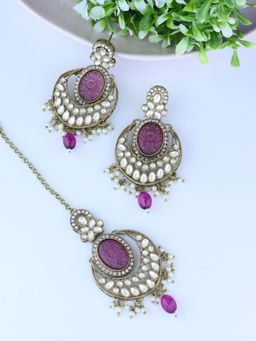 I Jewels - Gold Plated Traditional Pearl Kundan Earrings with Maang Tikka (Te3027Pu)