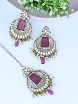 I Jewels - Gold Plated Traditional Pearl Kundan Earrings with Maang Tikka (Te3028Pu)