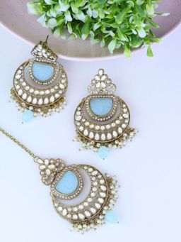 I Jewels - Gold Plated Traditional Pearl Kundan Earrings with Maang Tikka (Te3029Sb)