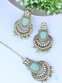 I Jewels - Gold Plated Traditional Kundan Pearl Earrings with Maang Tikka (Te3030Sb)