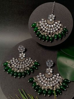 I Jewels - Stylish Silver Oxidised Kundan Pearl Earrings with Maang Tikka (Te3106Zg)