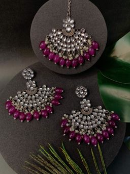 I Jewels - Silver Oxidised Stylish Kundan Pearl Earrings with Maang Tikka (Te3106Zwi)