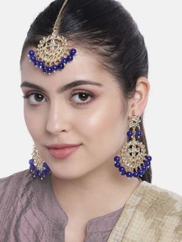 I Jewels - Traditional Gold Plated Pearl And Blue Kundan Maang Tikka with Earrings (Te7058Bl)