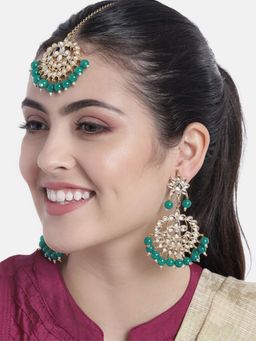 I Jewels - Green Gold Plated Pearl And Kundan Traditional Maang Tikka with Earrings (Te7058G)