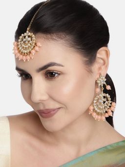 I Jewels - Traditional Gold Plated Pearl And Kundan Maang Tikka with Earrings (Te7058Pe)