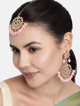 I Jewels - Traditional Pink Gold Plated Pearl And Kundan Maang Tikka with Earrings (Te7058Pi)