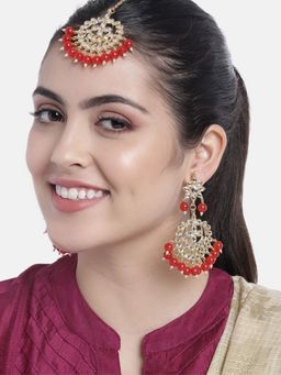 I Jewels - Traditional Gold Plated Pearl Kundan Maang Tikka with Earrings (Red, Te7058R)