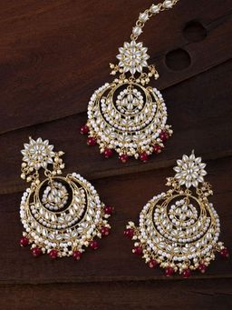 I Jewels - Traditional Gold Plated Chandbali Kundan Pearl Earrings Maang Tikka (Te7077R)