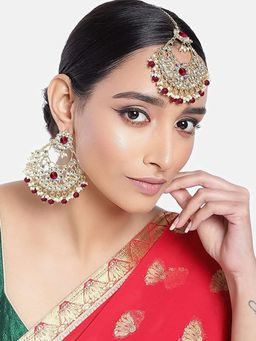 I Jewels - Gold Plated Traditional Kundan & Pearl Chandbali Earrings with Maang Tikka (Te2862M)