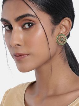 I Jewels - Gold Plated Round Green Stone Handcraft Stud Earring