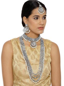 I Jewels - Traditional Silver Plated Kundan & Pearl Studded Bridal Choker Necklace Jewellery Set