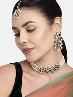 I Jewels - Gold Plated Kundan & Pearl Choker Necklace Jewellery Set