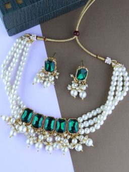 I Jewels - Gold Plated Traditional Green Multi Layered Choker Necklace Jewellery Set