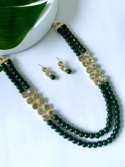 I Jewels - Gold Plated Traditional Stunning White Stone Layered Pearl Necklace Jewellery Set