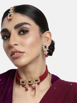 I Jewels - Gold Plated Pearl Beaded Choker Necklace Jewellery Set