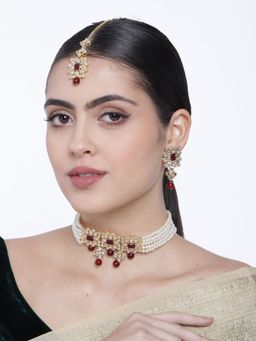 I Jewels - Gold Plated Pearl Beaded Choker Necklace Jewellery Set