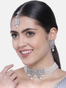 I Jewels - Rhodium Plated Pearl & Kundan Choker Necklace Jewellery Set