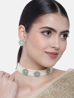 I Jewels - Gold Plated Traditional Kundan Pearl Choker Necklace Jewellery Set