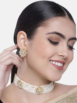 I Jewels - Gold Plated Traditional Kundan Pearl Choker Necklace Jewellery Set