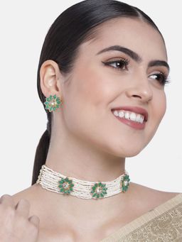 I Jewels - Gold Plated Traditional Kundan Pearl Choker Necklace Jewellery Set
